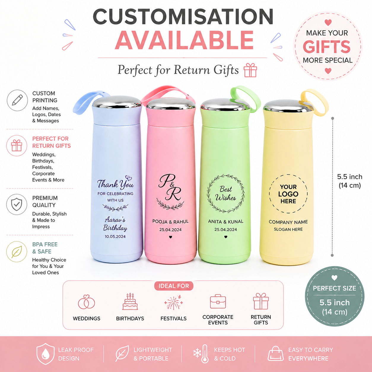 Premium Double Wall Glass Bottle – | Custom Name Printed Gift Bottle