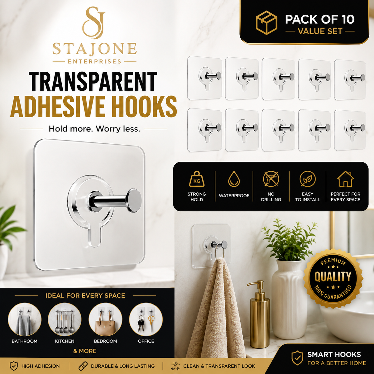 Transparent Adhesive Wall Hooks – Pack of 10