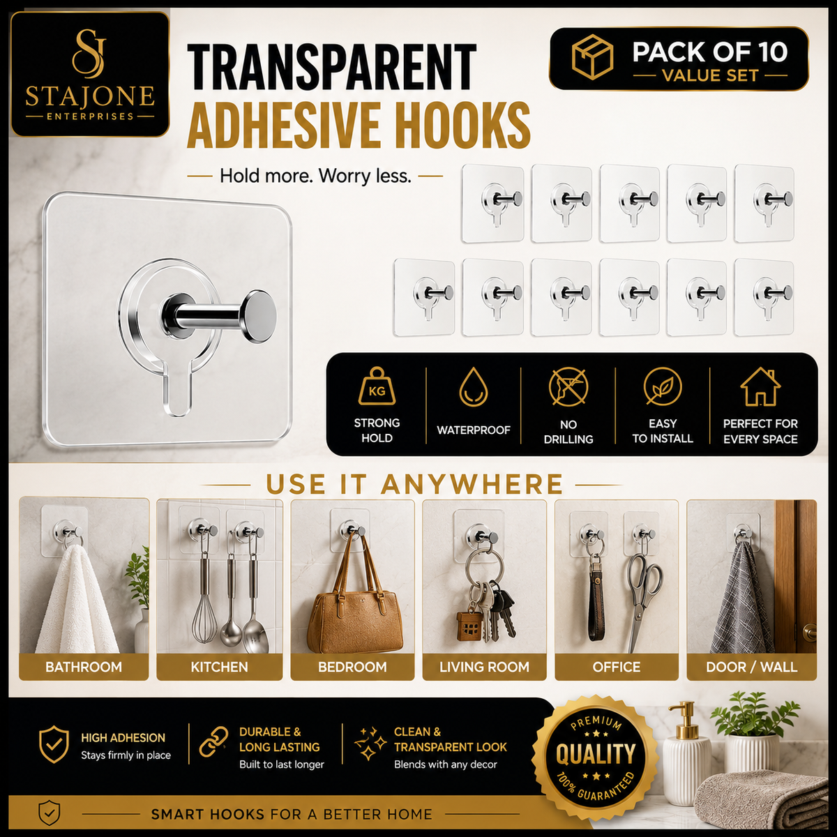 Transparent Adhesive Wall Hooks – Pack of 10