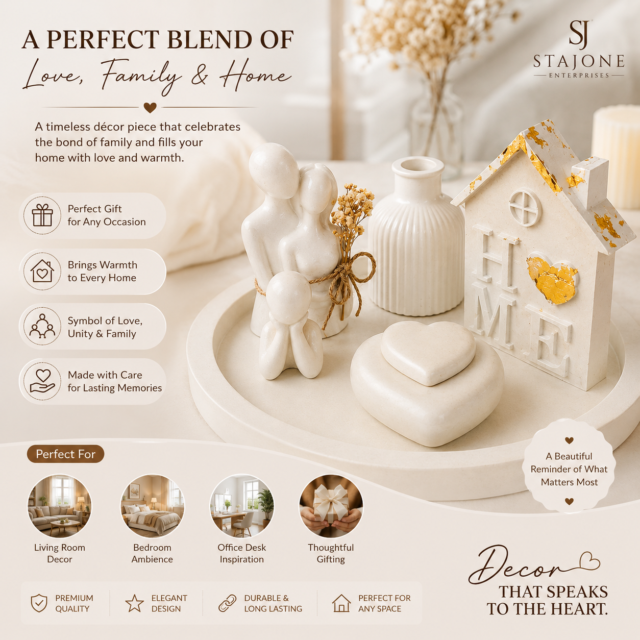 Minimalist Family Home Décor Set with Heart-Shaped Keepsake Box – Premium Concrete Finish Decorative Showpiece for Modern Interiors & Personalized Gifting