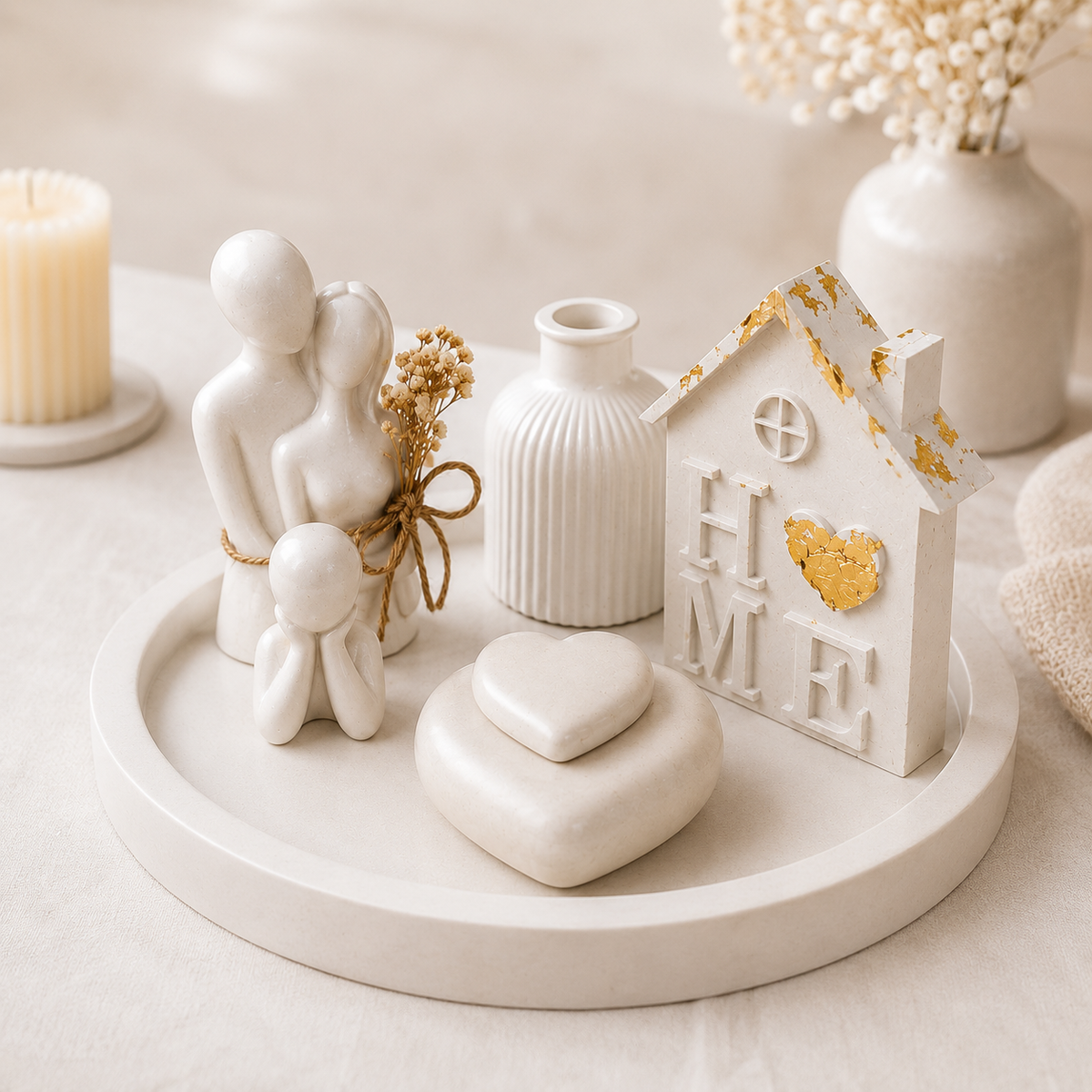 Minimalist Family Home Décor Set with Heart-Shaped Keepsake Box – Premium Concrete Finish Decorative Showpiece for Modern Interiors & Personalized Gifting