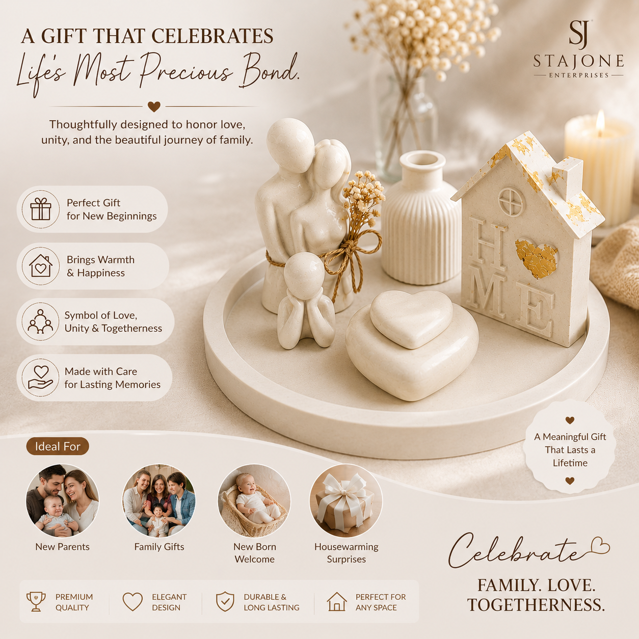 Minimalist Family Home Décor Set with Heart-Shaped Keepsake Box – Premium Concrete Finish Decorative Showpiece for Modern Interiors & Personalized Gifting