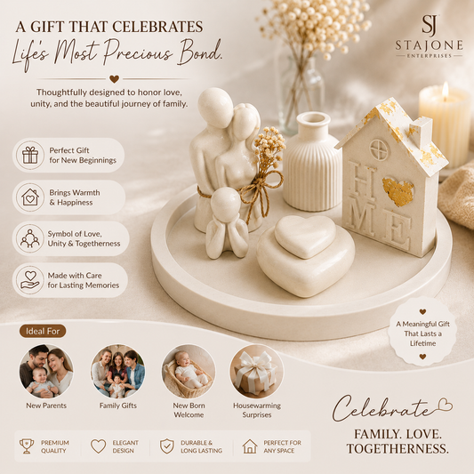 Minimalist Family Home Décor Set with Heart-Shaped Keepsake Box – Premium Concrete Finish Decorative Showpiece for Modern Interiors & Personalized Gifting