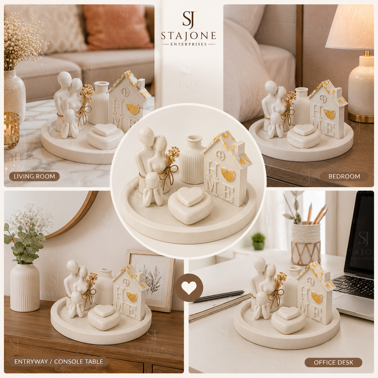 Minimalist Family Home Décor Set with Heart-Shaped Keepsake Box – Premium Concrete Finish Decorative Showpiece for Modern Interiors & Personalized Gifting