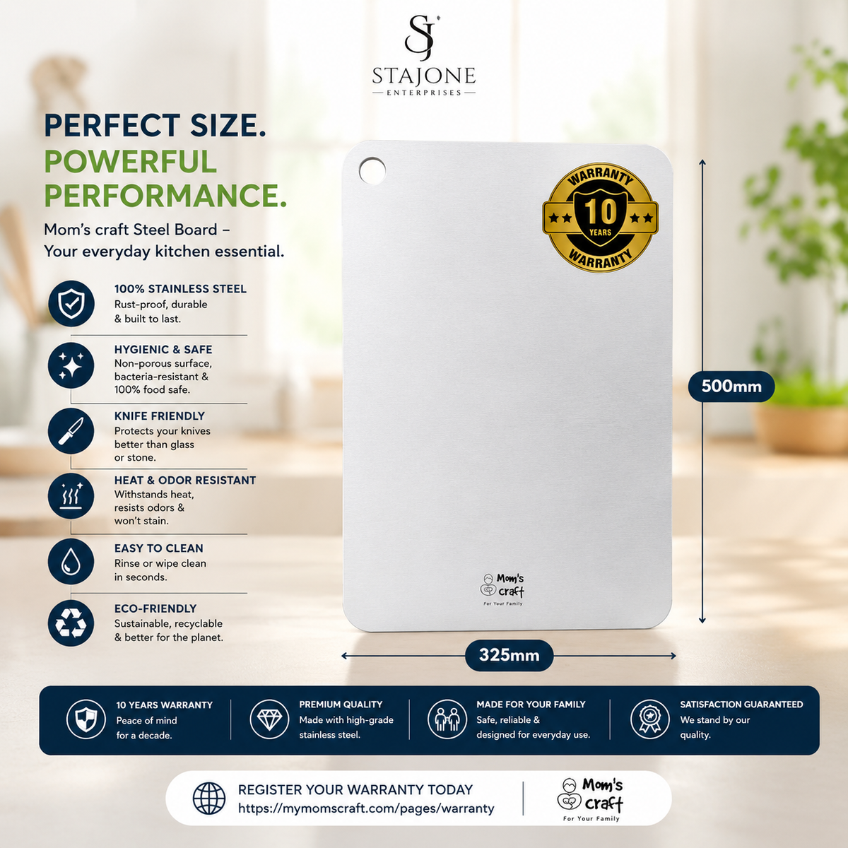 Stainless Steel Cutting Board | Double Sided | Hygienic & Durable Kitchen Board | 10 Years Warranty