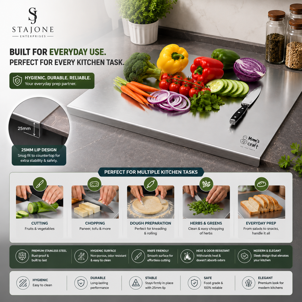 Stainless Steel Chopping Board with Lip Design | Double Sided | Hygienic & Durable Kitchen Board | 10 Years Warranty