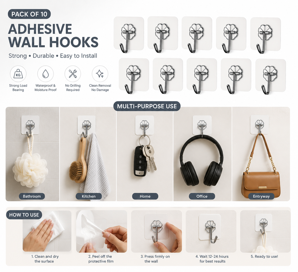 Self Adhesive Wall Hooks – Pack of 10