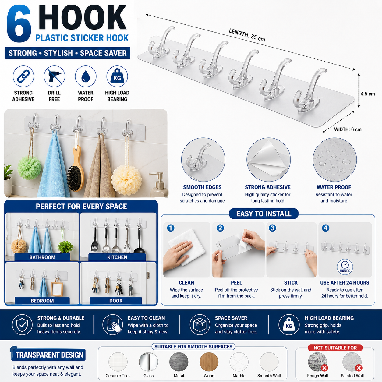 Stajone Transparent Wall Hanger Hook Strip | 6 Hooks Self Adhesive Multipurpose Wall Organizer