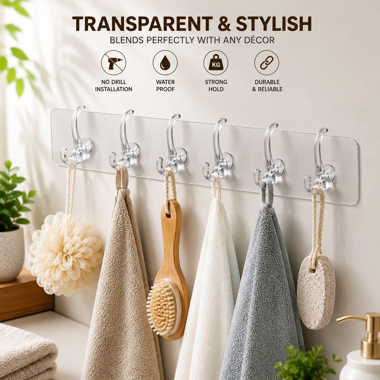 Stajone Transparent Wall Hanger Hook Strip | 6 Hooks Self Adhesive Multipurpose Wall Organizer