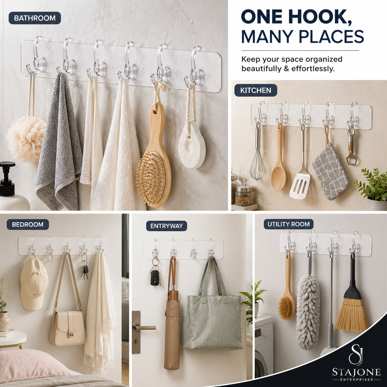 Stajone Transparent Wall Hanger Hook Strip | 6 Hooks Self Adhesive Multipurpose Wall Organizer
